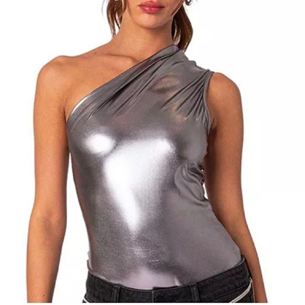 Nwot Edikted Feona Gathered Metallic Bodysuit Sz M